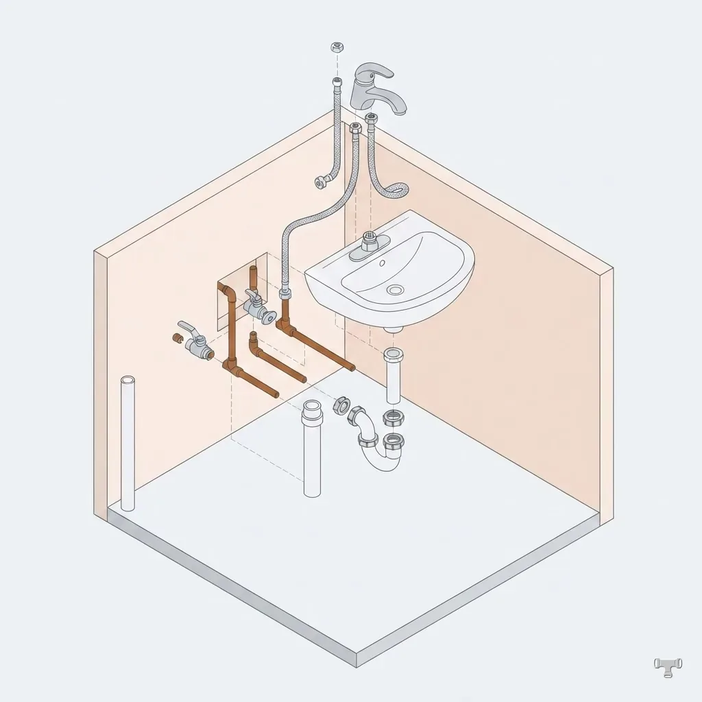 Isometric illustration of a lavatory rough-in with a P-trap and stop valves