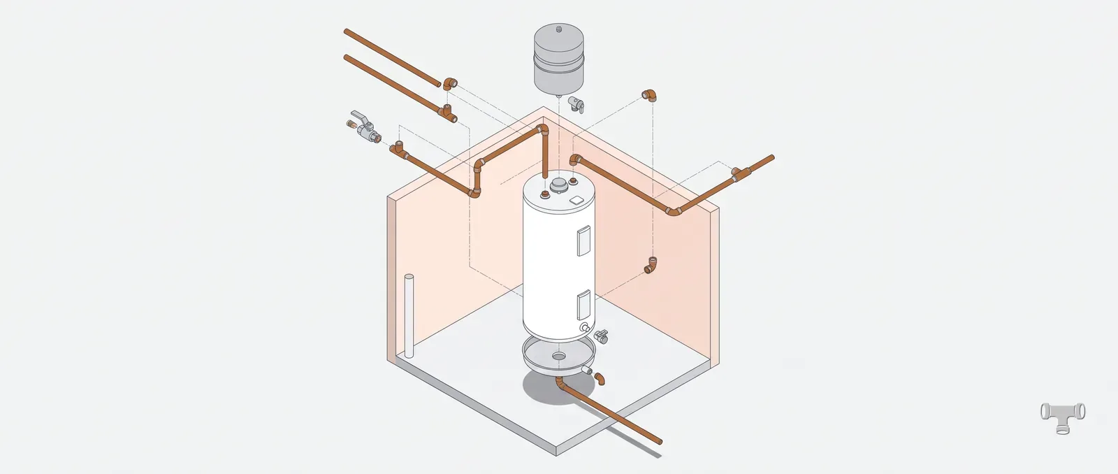 Isometric exploded illustration of a water heater with copper supply runs and a tee fitting